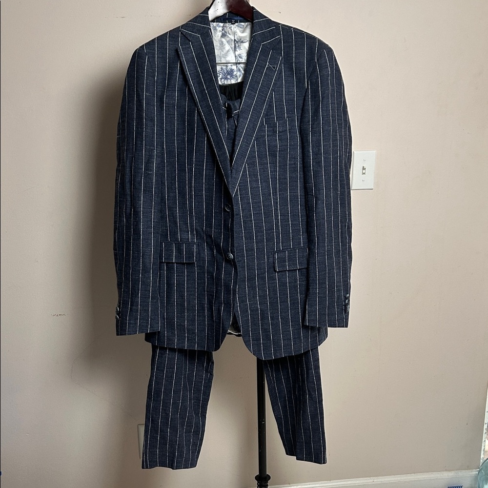 Atelier Munro Men’s Custom Made Linen Blend Striped Suit Set see measurements